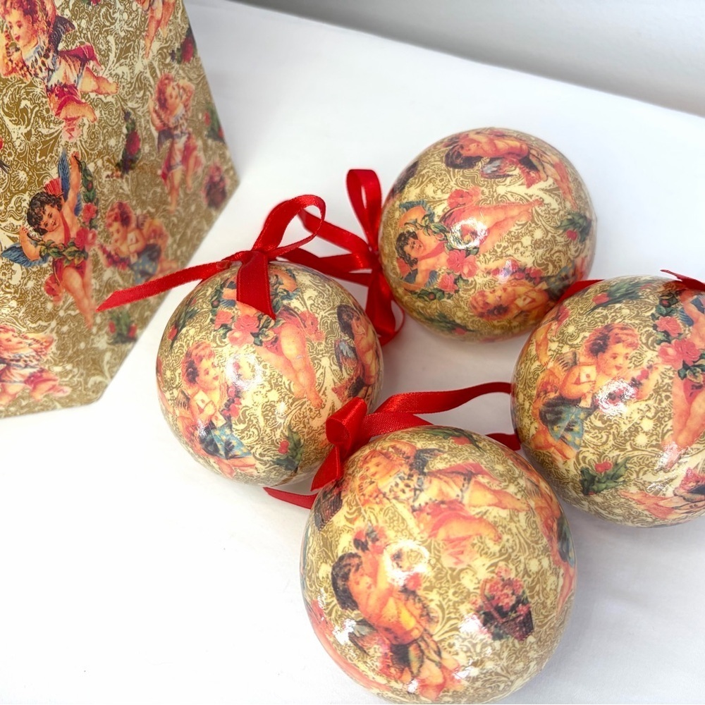 Vintage Set of 14 Decoupage Cherub Christmas Ornaments